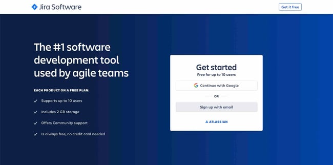 backend tools: Jira lets you manage projects and teams using a variety of management styles. image shows the company homepage. 